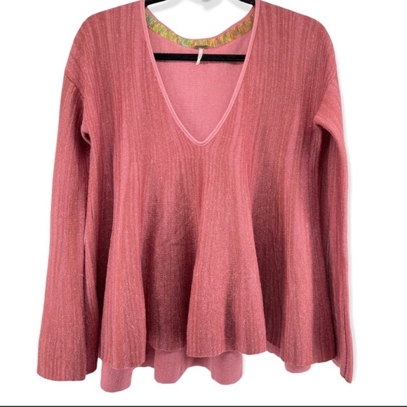 Free People Sundae Rose Linen Blend V-Neck Bell Sleeve Pullover Sweater Size XS - Picture 4 of 12